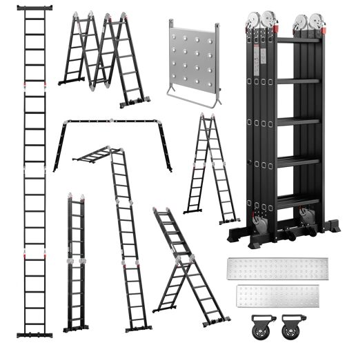 582CM Échelle Pliante Aluminium 7 en 1 avec Support de Travail pour Échelle, 2 Plateformes, Pieds en Caoutchouc, 2 Roues Amovibles, Charge 150 kg, Noir