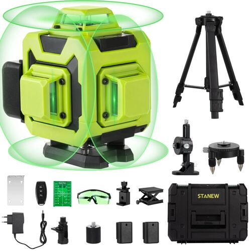 Niveau laser 4 x 360°, vert Lignes laser vertes horizontales et verticales 4D à 16 lignes, télécommande intégrée, 2 piles 2400 mAh