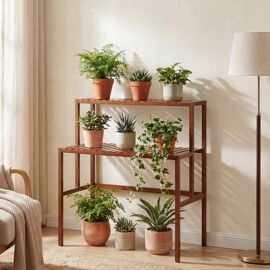 Étagère À Plantes En Bambou Hwc-Q34, Étagère En Escalier Pour Fleurs, 2 Tablettes, 100 X 90 X 50 Cm   Marron