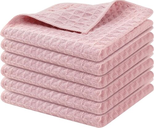 LORANKA-Lot de 6 torchons de cuisine à tissage gaufré, ultra doux, absorbants, séchage rapide, 30 x 30 cm (rose)