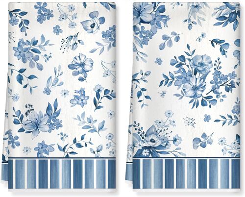 Loranka-Torchons De Cuisine Aquarelle Fleurs Vaisselle Lot De 2, Serviettes De Cuisine Bleu Torchon Vaisselle, Doux Et Super Absorbant Accroche Très Serviettes De Bar 42 X 70 Cm