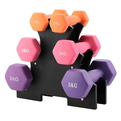 Haltères Néoprène 1kg 2kg 3kg Avec Support ¿ Set De 6 Haltères Musculation