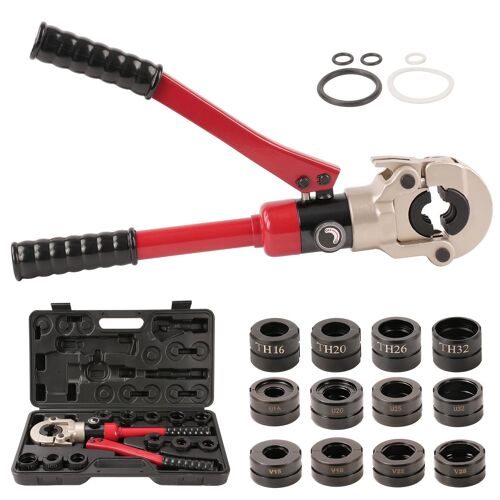Pince à Sertir Hydraulique Ø15-32mm, Pince a Sertir avec 12pcs Contour, Outil de sertissage hydraulique per Plomberie Presse Hydraulique en cuivre 15, 18, 22, 28mm et PEX-AL-PEX 16, 20, 26, 32mm