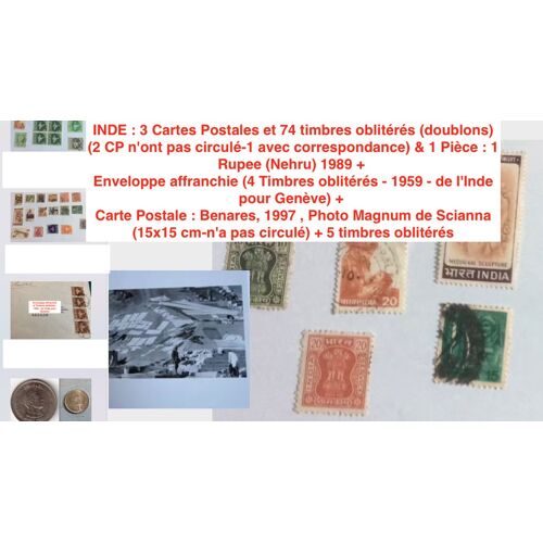 Inde : 3 Cartes Postales Et 74 Timbres Oblitérés (Doublons) (2 Cp N'Ont Pas Circulé-1 Avec Correspondance) & 1 Pièce : 1 Rupee (Nehru) 1989 + Enveloppe Affranchie + Carte Postale : Benares, 1997