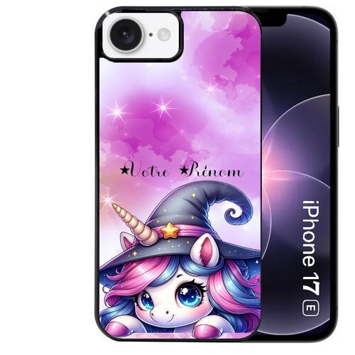 Coque noire Taperso pour Iphone 17E et 16E avec motif licorne magic avec prenom