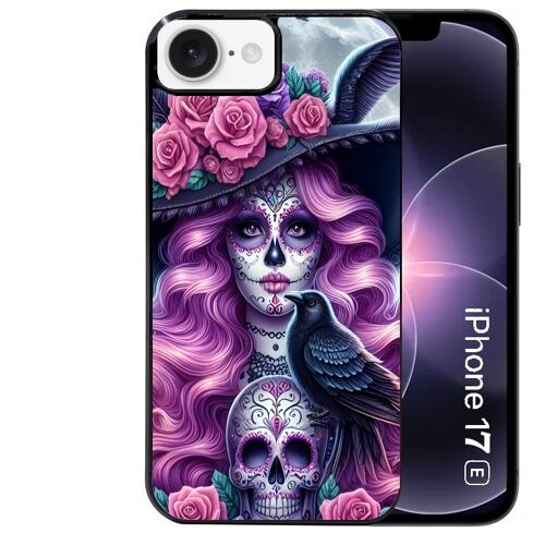 Coque noire Taperso pour Iphone 17E et 16E avec motif tete de mort calavera et corbeau