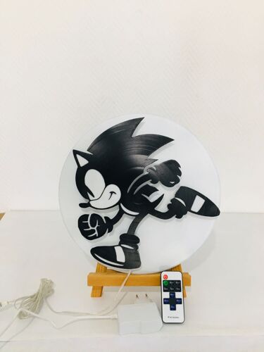 Cadre lumineux Led unique réalisé sur disque vinyle 33T silhouette Sonic 