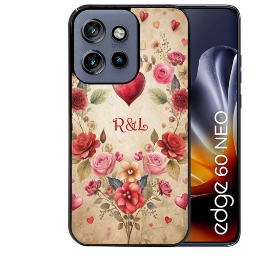 Coque noire pour EDGE 60 NEO et 50 NEO motif coeur vintage et initiales personnalisee