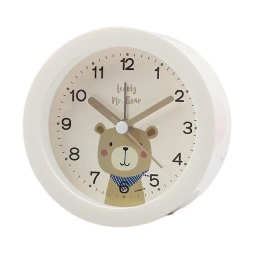 Réveil étudiant avec veilleuse antidérapante, réveil rond en forme d'ours en dessin animé, réveil de table portable - Blanc