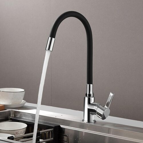 Robinet de cuisine flexible pivotant à bec haut, robinet d'évier en laiton à un trou pour eau chaude et froide, noir