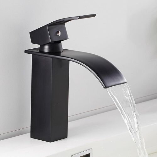 Robinet de lavabo cascade en laiton avec mitigeur et mitigeur thermostatique, finition swar. Convient aux salles de bains modernes et est fourni avec un flexible.