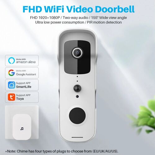 Sonnette vidéo connectée Tuya, interphone vidéo WiFi 1080p avec caméra IP et audio bidirectionnel, compatible avec Alexa Echo Show et Google Home, blanche.
