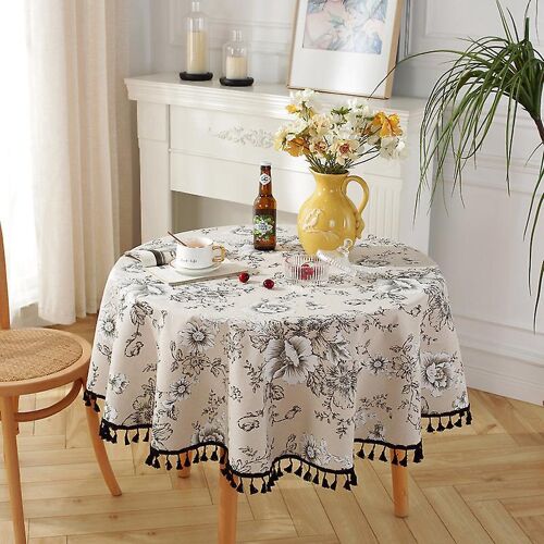 Nappe Ronde En Lin À Imprimé Floral, Lavable Et À Franges, Petite Nappe Ronde, 90 Cm