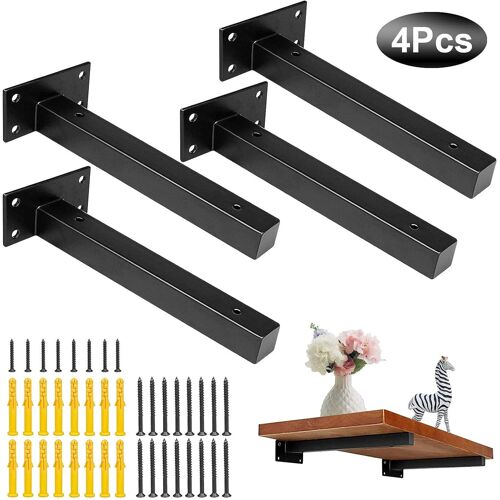 Rhafayre Lot De 4 Supports D'étagère Pour Fixation Murale, Supports D'étagère Muraux, Supports D'angle Robustes, Supports Flottants Industriels, Plateaux De Fixation En Métal Rétro Avec Vis, Noir (15 Cm)