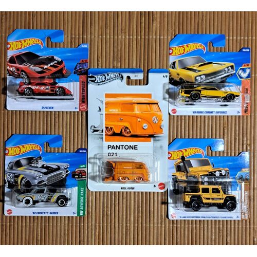 Lot 5 voitures Hot Wheels neuves sous blister – Kool Kombi Pantone, Dodge Coronet Superbee, Land Rover Defender, Corvette Gasser, 24/Seven