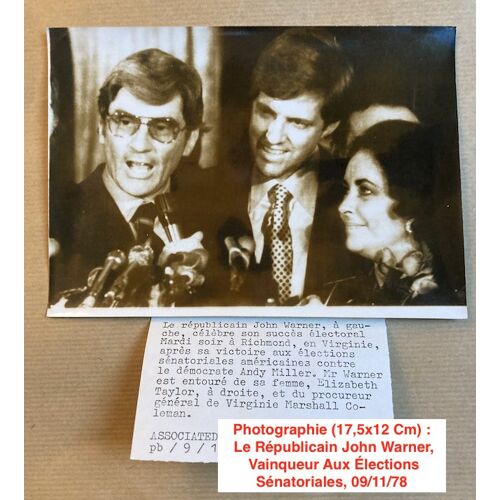  Photographie (17,5x12 Cm) : Le Républicain John Warner, Vainqueur Aux Élections Sénatoriales, 09/11/78