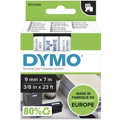 DYMO D1 étiquettes autocollantes authentiques de hautes performances en polyester | 9mm x 7m | impression en bleu sur fond blanc | pour étiqueteuses LabelManager