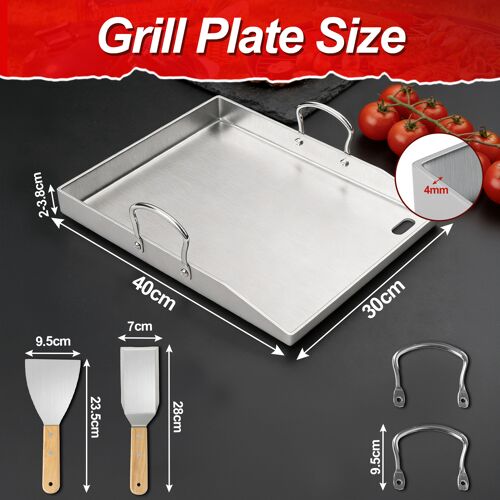 Plaque barbecue inox 40×30 cm, plancha 4 mm avec rigole à graisse, 2 spatules incluses, pour gril gaz ou charbon