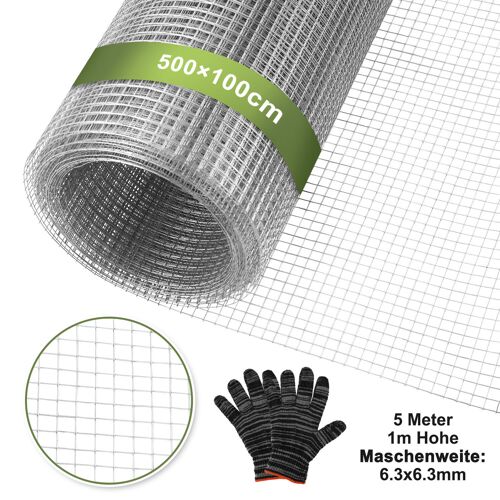 Grillage Métallique Grillage Acier 6,3x6,3 Mm - Rouleau 100 Cm X 5 M - Anti-Rongeur Pour Clôture Volière (Gants Inclus)