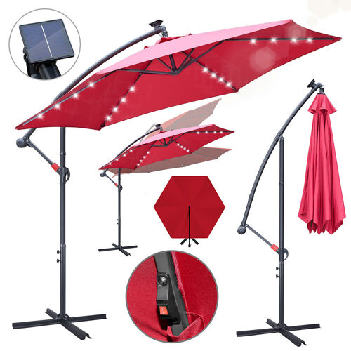 Parasol Solaire Led 3 M, Éclairage Intégré, Protection Uv 50+, Toile Polyester Imperméable, Manivelle Pratique Pour Terrasse Rouge