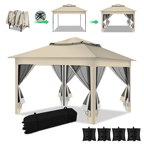 Tonnelle Pliante De Jardin 3,3 × 3,3 M Avec Moustiquaire Et Double Toit Ventilé ¿ Beige