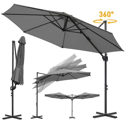 Parasol Déporté 300 Cm Gris, Rotation 360°, Inclinable 0¿60°, Toile Polyester 200 G/M² Uv50+, Mât Aluminium Renforcé