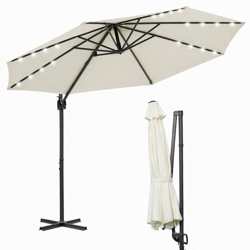 Parasol Déporté 300 Cm Beige Avec Led Solaire, Rotation 360°, Inclinable 0¿60°, Toile Polyester 200 G/M² Uv50+