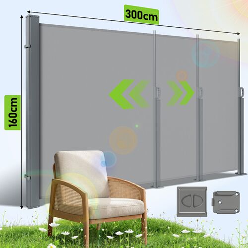 Auvent Latéral Rétractable, Paravent Extérieur 160x300cm Brise-Vue De Jardin, Écran De Protection, Écran De Balcon Terrasse Gris