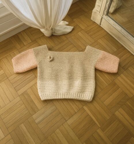 Pull Enfant Crochet Fait Main Beige Rose 2-4 Ans Vintage Floral Handmade Kids Sweater Boho Sézane Style