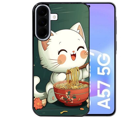 Coque noire Taperso pour Galaxy A57 avec motif chat ramen nuage