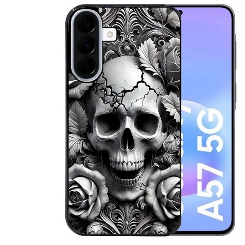Coque noire Taperso pour Galaxy A57 avec motif tete de mort fleur