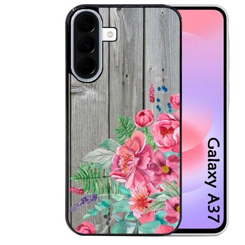 Coque noire Taperso pour Galaxy A37 avec motif bois gris et fleur rose