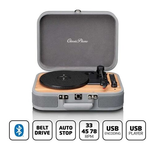 Platine rétro Vintage Bluetooth avec haut-parleurs intégrés Grise - 33, 45 et 78 tours