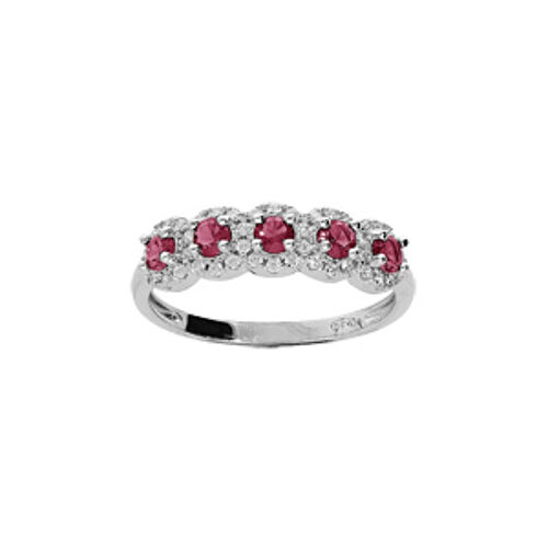 Bague Argent Rhodié 5 Pierres Rouges Et Contour Oxydes Blancs Sertis