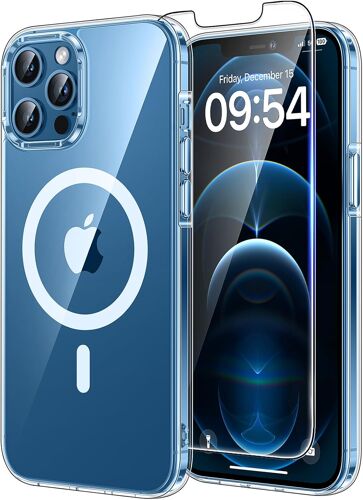ELVORIX-Coque Magnétique pour iPhone 12 Pro Max avec Protection écran, [Compatible avec MagSafe] Protection Militaire Anti-Choc Mince - Transparent