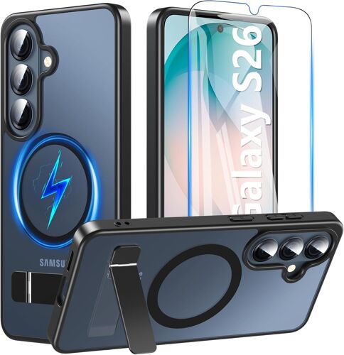 ELVORIX-3 en 1 Coque Samsung Galaxy S26 Magnétique avec Support Intégré, Coque Samsung S26 Verre Trempé Inclus, Coque S26 Compatible avec MagSafe, Certification Militaire Anti-Choc pour S26, Noir Mat