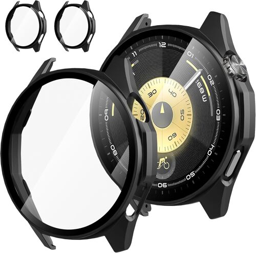 Kalanka-2 Pièces Protection Écran Pour Huawei Watch Gt 6 46mm Coque Verre Trempé Pc Hd Cover,Noir,46mm