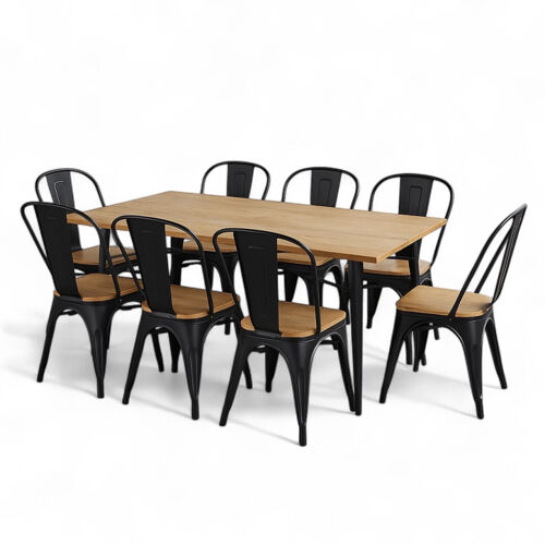 Ensemble Table et Chaises Style Industriel, Métal Noir Mat et Bois Naturel clair, 160x80 cm