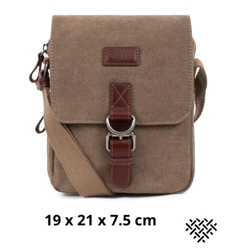 Sacoche bandoulière homme en toile et cuir beige - multi-poches, poignée et bandoulière réglable