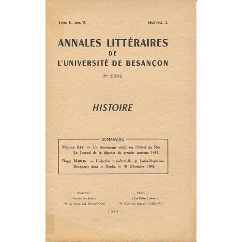 Annales Littéraires De L'université De Besançon - Histoire - Tome 2, Fasc - 3