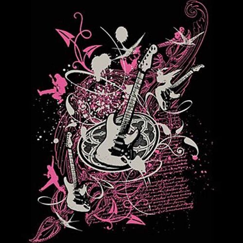 T-Shirt Femme Manches Courtes - Guitare - Rose Et Argent 11290