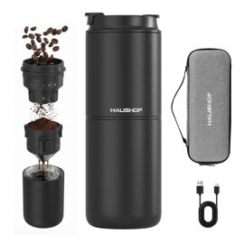 Machine a Cafe HAUSHOF Portable Pour-Over Tout-en-Un, Moulin Integre, Mug Isotherme Independant 400 ml, Sans Fil, 4-en-1 Grind & Brew, Ideale pour Voyage et Camping, Noir