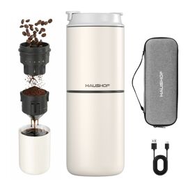 Machine a Cafe HAUSHOF Portable Pour-Over Tout-en-Un, Moulin Integre, Mug Isotherme Independant 400 ml, Sans Fil, 4-en-1 Grind & Brew, Ideale pour Voyage et Camping, Blanc