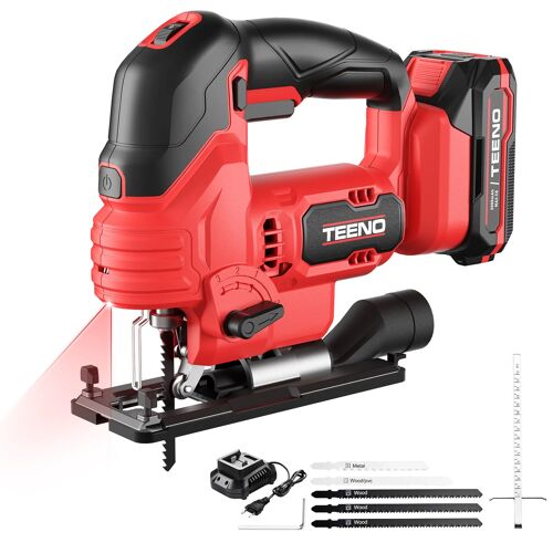 Scie Sauteuse Sans Fil pour Batterie Makita 20 V, 800-3000 SPM Scie Sauteuse Laser avec 5 lames, Inclinaison ± 45°, 6 vitesses, LED, Coupe du Bois,Plastique,Métal (Une batterie, 2.0 Ah)
