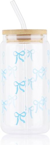 Kalanka-Ensemble De Tasses En Verre Avec N?ud Papillon, 453,6 Ml Jolie Tasse Rose Avec Paille En Verre Et Couvercle En Bois, Tasses À Café Mignonnes Et Élégantes Transparentes, Cadeaux Esthétiques