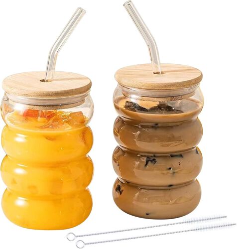 Kalanka-Lot De 2 Verres À Thé À Bulles, Verres À Latte Macchiato, 300 Ml, Avec 2 Couvercles, 2 Pailles Et 1 Brosse, Gobelets En Verre Avec Couvercle, Verres À Café Glacé Pour Café Glacé, Cocktail, Ve