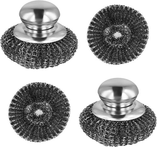 KALANKA-Éponges en Acier Inoxydable avec Poignée Set de 4, Eponge Metallique, Éponge en Acier Inoxydable, Éponge à Récurer, pour Nettoyer La Vaisselle, Casseroles, Poêles