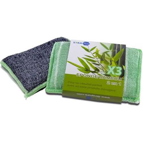 KALANKA-Éponge en Microfibre de Bambou x3 - Éponge Réutilisable et Durable, ne Laisse Pas de Traces, Lavable en Machine - Lavette Double-Face, Face Grattante Graisse Tenace - 14x10cm, Pack de 3