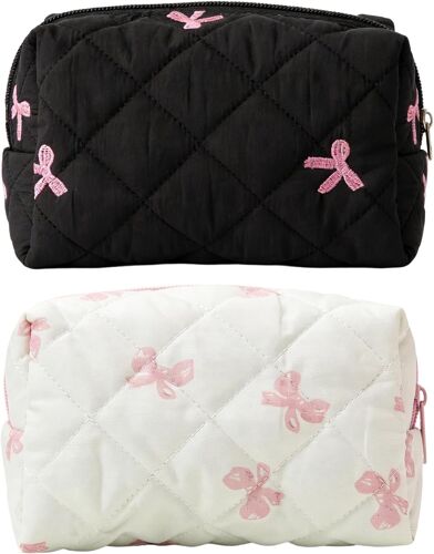 KALANKA-2PCS Petite Trousse de Maquillage pour Sac à Main, Trousse de Toilette de Voyage Cosmétiques à Glissière Portable avec Texture Plissée en Relief, Pendentif N?ud et Perle (Rose et Noir)