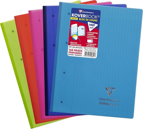 Kalanka-4841c Un Bloc De Cours Koverbook Agrafé Grand Côté - A4+ 22,3x29,6 Cm - 160 Pages Détachables Grands Carreaux Perforées 4 Trous - Papier Blanc 90g - Couverture Polypro Couleur Aléatoire